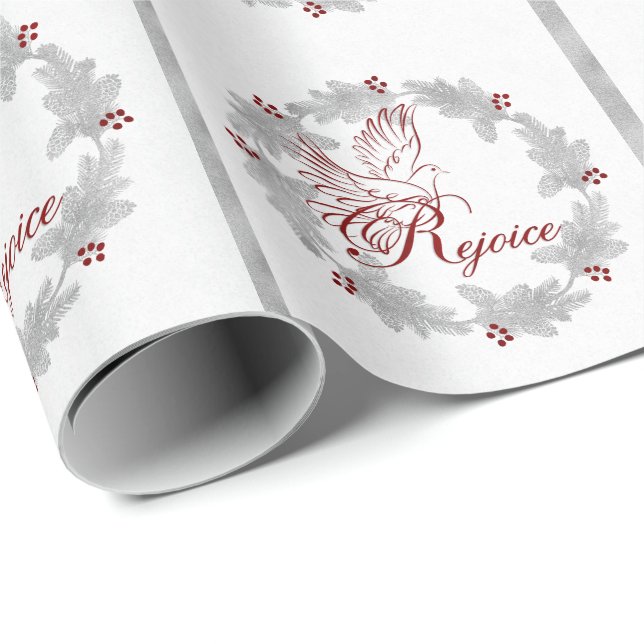 Papier Cadeau Red Rejoice Silver Leaf Pine Wreath (Coin rond)