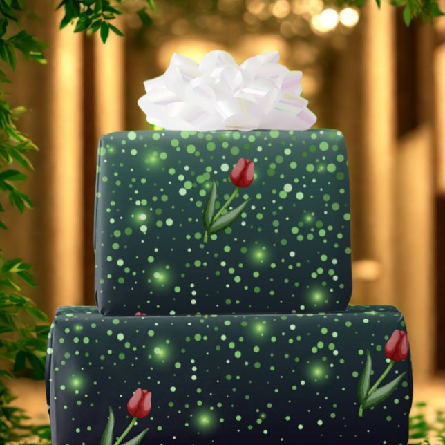 Papier Cadeau Red Tulips & Green Sparkle Gradient Gorgeous  (Luxurious Red Tulip Gift wrapping paper. )