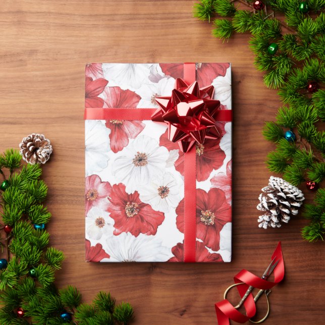 Papier Cadeau Red White Flowers Christmas (Cadeau de vacances)