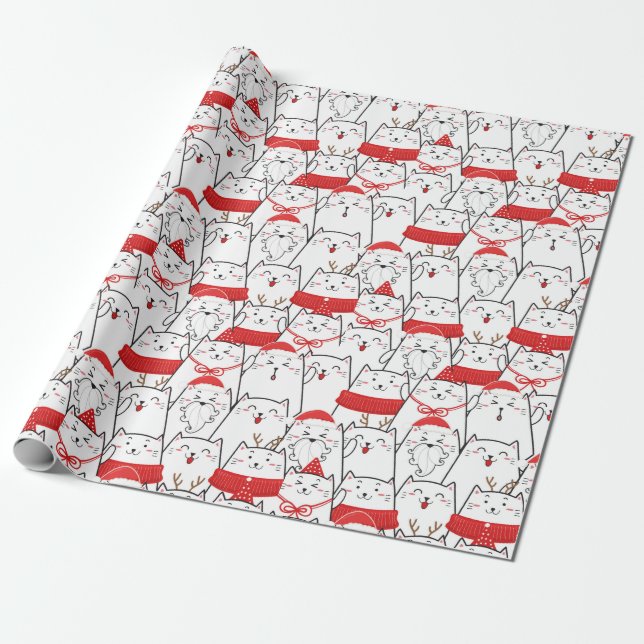 Papier Cadeau Red White Kitty Cats Floral Noël Cadeau de Noël (Déroulé)