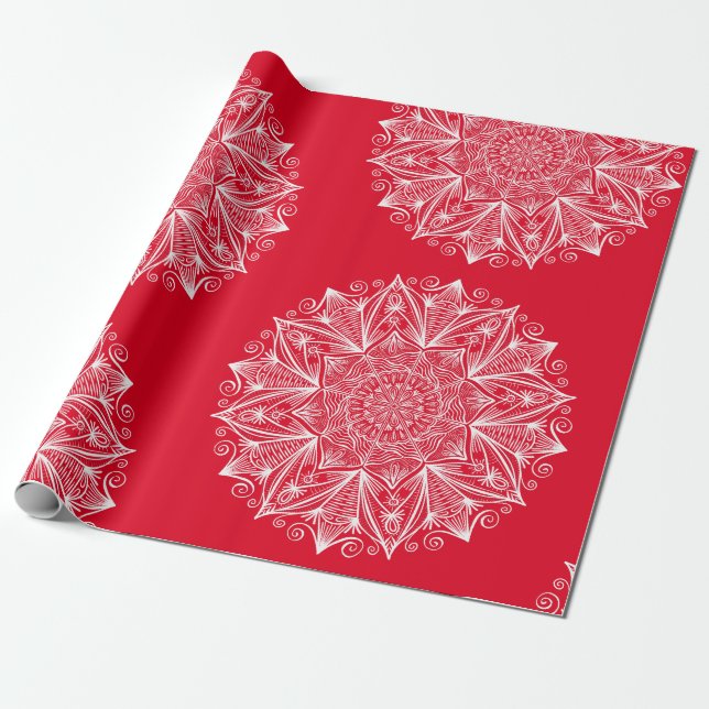 Papier Cadeau Red White Snowflake Mandala Art Motif Noël (Déroulé)