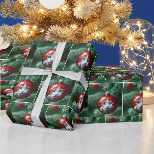 Papier Cadeau Réflexion de Chat dans un ornement de Noël rouge