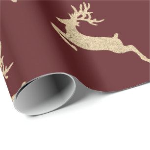 Papier Cadeau Reinadeer Nouvel An Bourgogne Rouge Maroon Or
