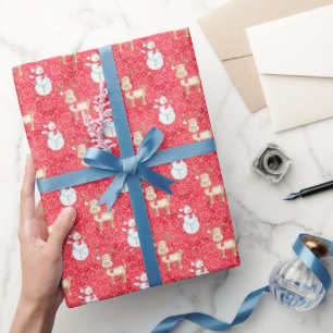 Papier Cadeau Reindeer de Noël et Motif des Snowmen - Rouge