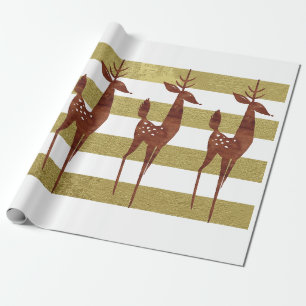 Papier Cadeau Reindeer élégant vintage or blanc rayé