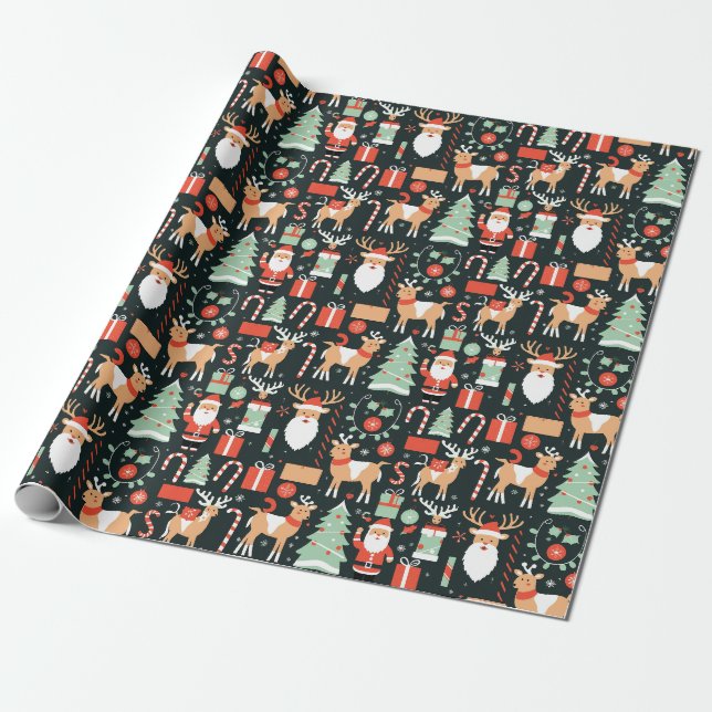 Papier Cadeau Reindeer Père Noël Tree Motif Noël Noir (Déroulé)