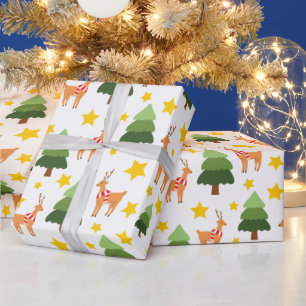 Papier Cadeau Reindeer Wonderland Noël Arbre Étoiles Blanc