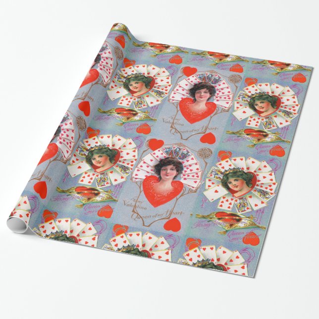 Papier Cadeau REINE DES COEURS, Saint Valentin Rouge Bleu (Déroulé)