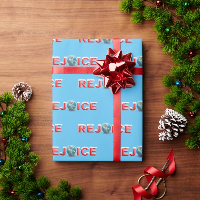 Papier Cadeau REJOICE texte rouge avec neige et planète terre (Cadeau de vacances)