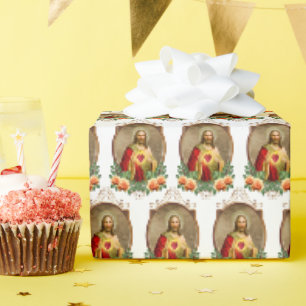 Papier Cadeau Religieux Sacré Coeur Jésus Roses Jaunes