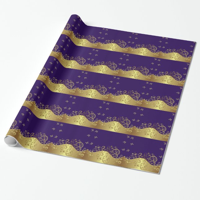 Papier Cadeau Remous d'or et pourpre foncé (Déroulé)