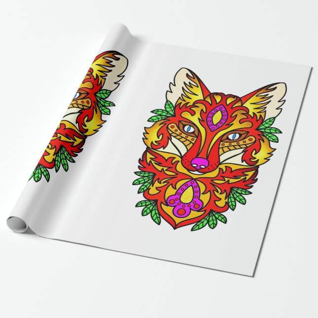 Papier Cadeau Renard boho art abstrait loup rouge violet blanc (Déroulé)