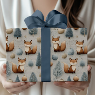 Papier Cadeau Renard boisé d'hiver et arbre de Noël en bleu