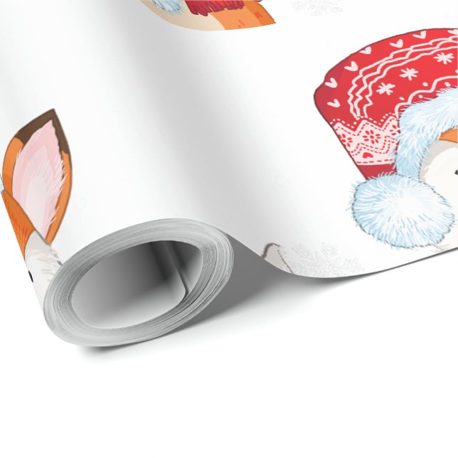 Papier Cadeau Renard de Noël avec cadeau pourpre (Coin rond)