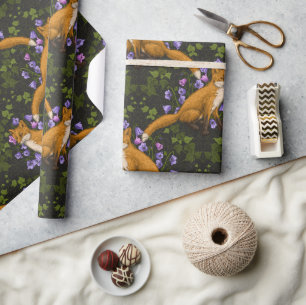 Papier Cadeau Renard, fleurs et lierre, vert, orange et viole