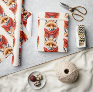 Papier Cadeau Renard mignon avec un foulard rouge motif automnal