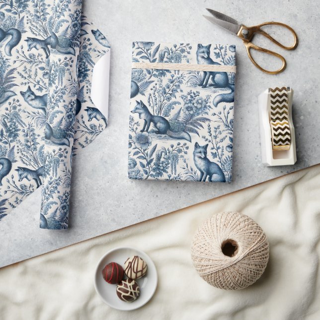 Papier Cadeau Renard Toile Bleue Vintage  (Artisanat)