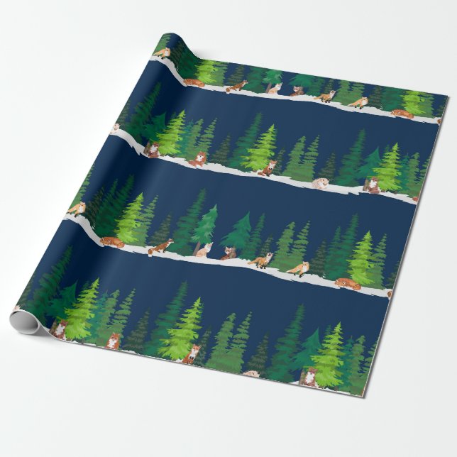 Papier Cadeau Renards de forêt sur la marine (Déroulé)