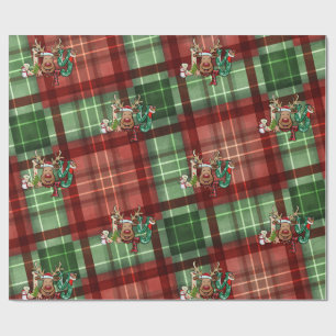 Papier Cadeau Renne à carreaux buffalo rouge vert,bonhomme de ne