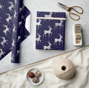 Papier Cadeau Renne de Noël bleu et argent élégant