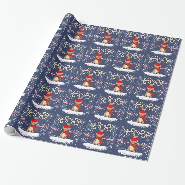 Papier Cadeau Renne de Noël dans l'enveloppe bleue de vacances (Déroulé)