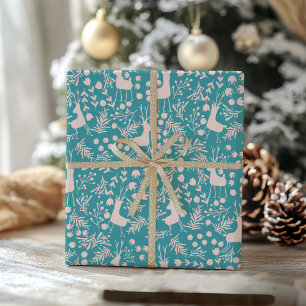 Papier Cadeau Renne Nordique Floral   Noël Rose sur Fond Sarcell