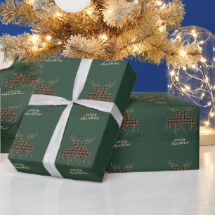 Papier Cadeau  Renne Plaid Buffle Vert Joyeux Noël 