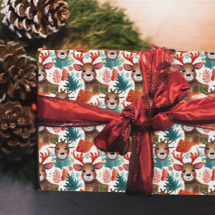 Papier Cadeau Rennes amusants Rouge Blanc Vert Aquarelle de Noël