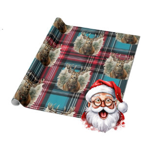 Papier Cadeau Rennes bleues de Noël Tartan pacifique
