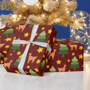 Papier Cadeau Rennes de Noël, arbre et étoiles bordeaux sans cou