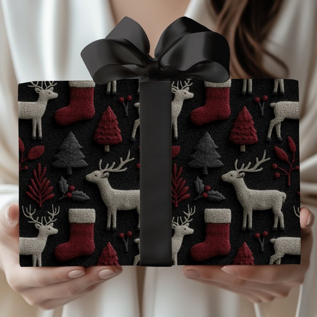 Papier Cadeau Rennes de Noël & Bas en rouge et gris (Créateur téléchargé)