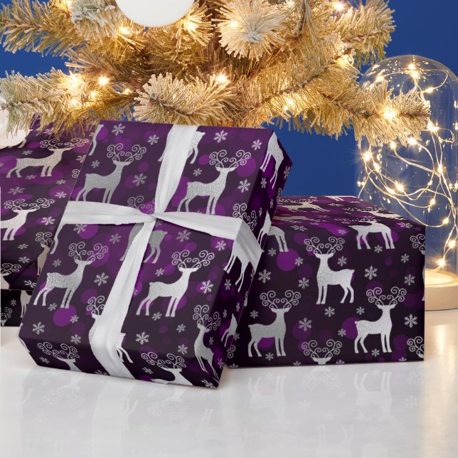 Papier Cadeau Rennes d'hiver et flocons de neige Bokeh & Silver  (Vacances)