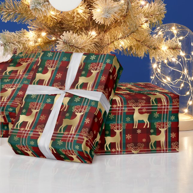 Papier Cadeau Rennes d'hiver et flocons de neige Tartan & Gold F (Vacances)