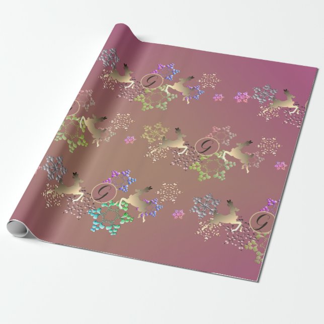 Papier Cadeau Rennes et flocons de neige sur mousse violette (Déroulé)