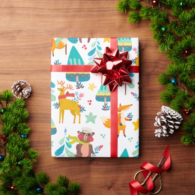 Papier Cadeau Rennes, ours et renards (Cadeau de vacances)
