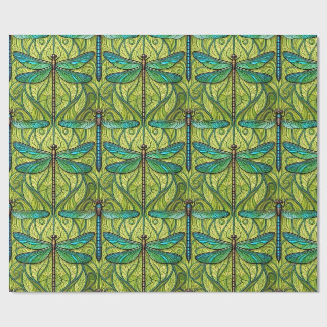 Papier Cadeau Repeating dragonfly pattern on green  (Plat)