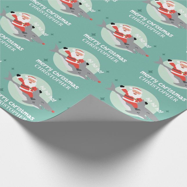 Papier Cadeau Requin et Père Noël avec papier d'emballage de nom (Coin)
