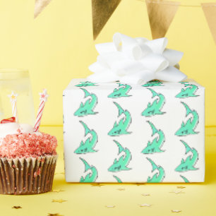 Papier Cadeau requin souriant de dessin animé bleu vert océan an