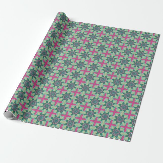 Papier Cadeau Ressort vert géométrique rose No1 (Déroulé)