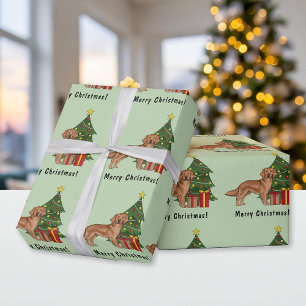 Papier Cadeau Rétreiver doré rouge Chien mignon et arbre de Noël