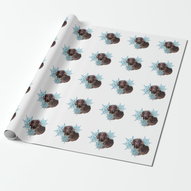 Papier Cadeau Retriever à manteau plat dans les flocons de neige (Déroulé)