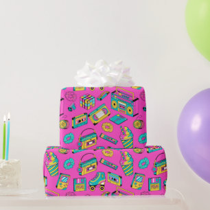 Papier Cadeau Retro 80s amusant Neon rose brillant Motif de musi