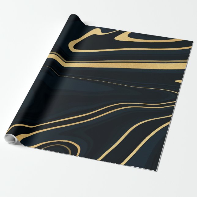 Papier Cadeau Retro Blue Gold Swirl Liquid Painting Design (Déroulé)