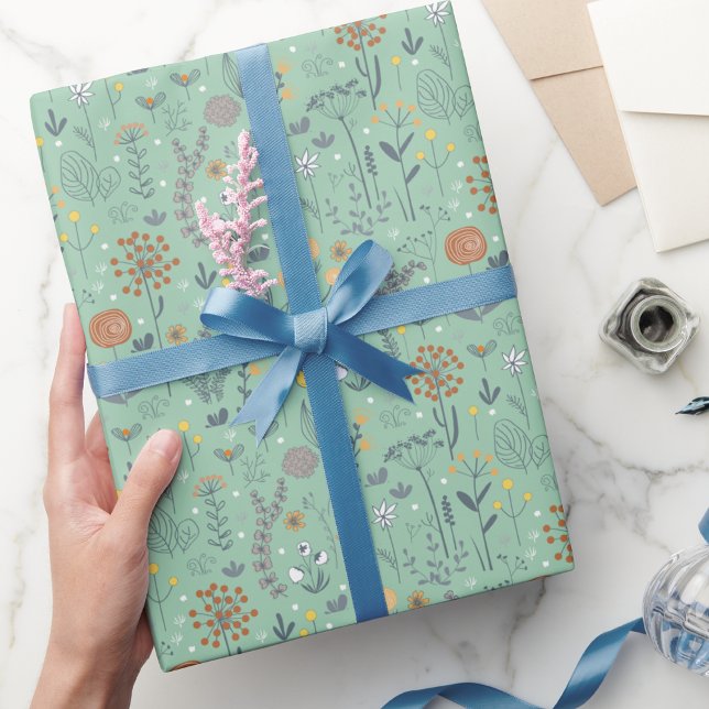 Papier Cadeau Retro Boho Floral Botanal Mint Green (Créateur téléchargé)