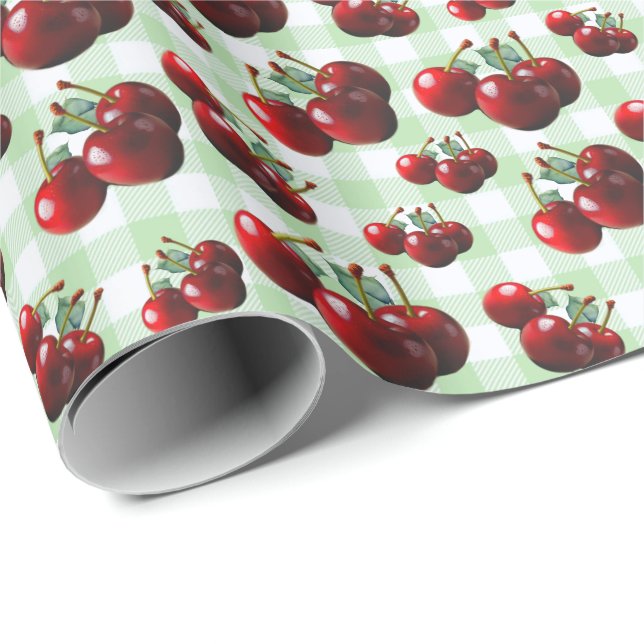 Papier Cadeau Retro Cherries fresh picked green gingham (Coin rond)