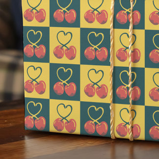 Papier Cadeau Retro Cherry Heart Shaped Stems Teal Mustard Check