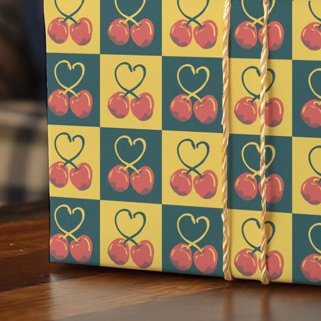 Papier Cadeau Retro Cherry Heart Shaped Stems Teal Mustard Check (Retro cherry wrapping paper with heart-shaped stems in teal and mustard for a midcentury vibe.)
