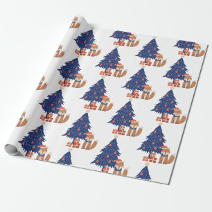 Papier Cadeau Retro Christmas Fox Illustration bleu rouge