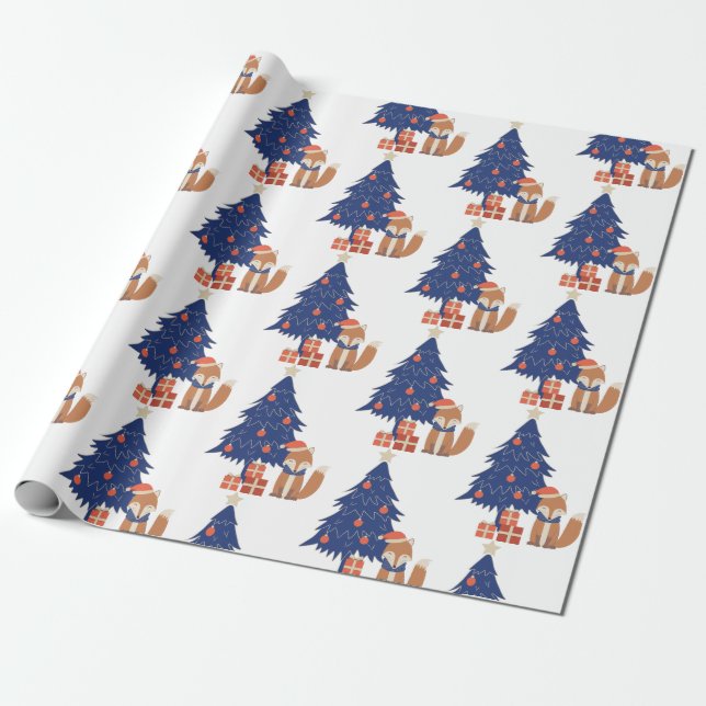 Papier Cadeau Retro Christmas Fox Illustration bleu rouge (Déroulé)