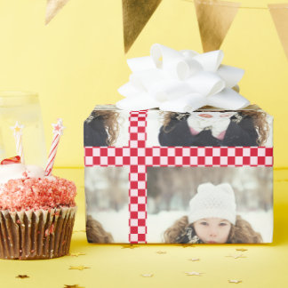 Papier Cadeau Retro Christmas Photo Collage Checkerboard Red